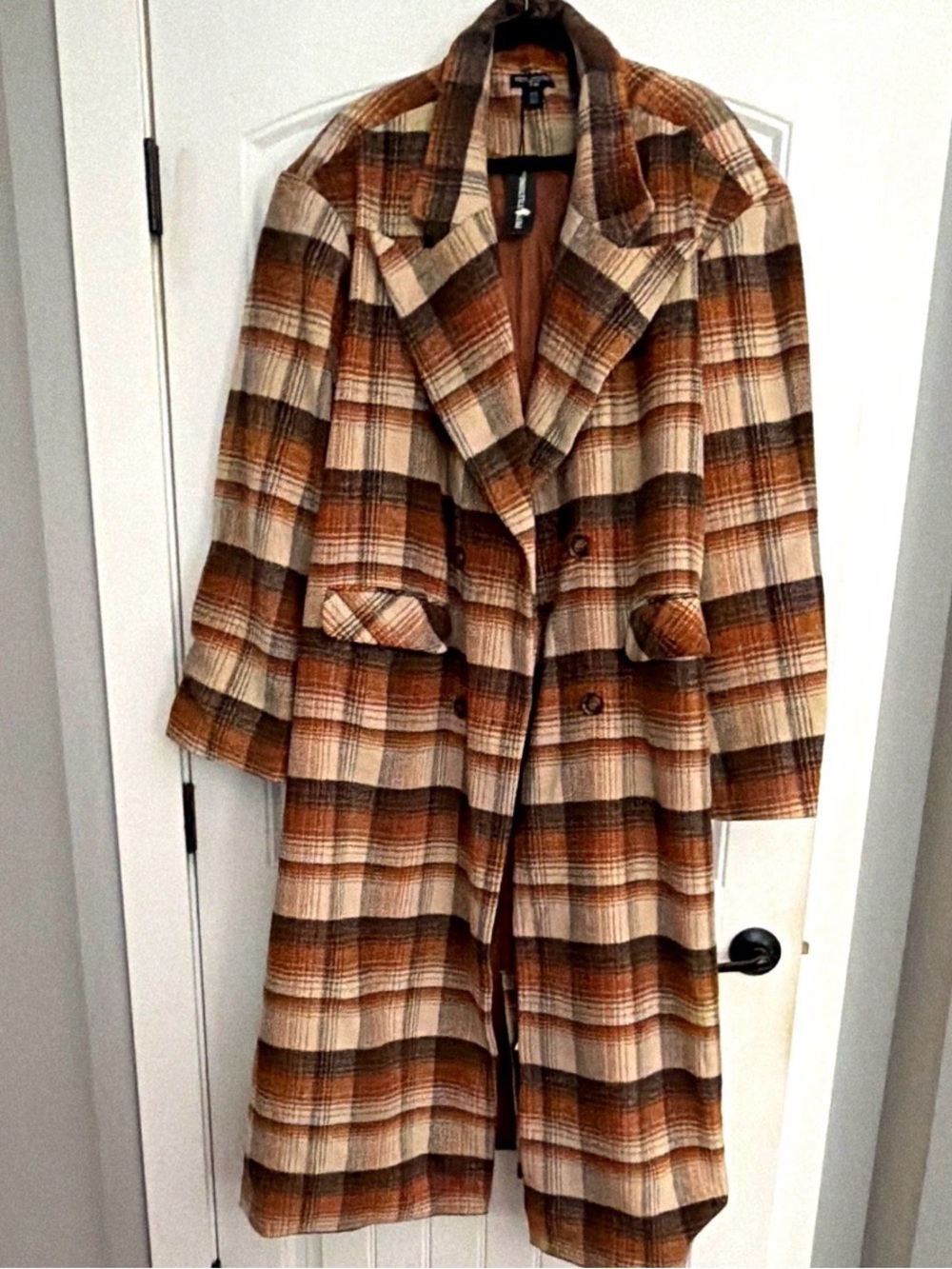 PrettyLittleThing Brown and Cream Plaid Double-Breasted Pea Coat